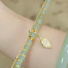2026 estilo chinês pulseira de jade verde para mulheres requintado cor ouro folhas pulseira de pulso pulseira de corrente dupla presentes das meninas - comprar online