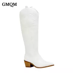 Imagem do Gmqm nova moda feminina bordado ocidental sapatos de cowboy na altura do joelho botas de salto alto plutônio chunky plataforma botas apontadas dedo do pé estilo punk