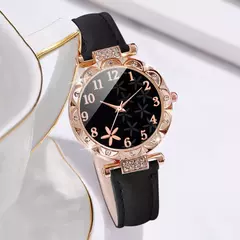 Conjunto de braceletes de coração strass feminino, relógio de pulso quartzo feminino, mostrador flor, pulseira de couro, 2 peças por conjunto na internet