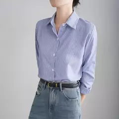 Camisa feminina manga comprida listrada azul, feminina de escritório, moda casual, solta, primavera, outono - comprar online