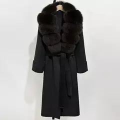 Elegante casaco de lã feminino novo outono lã mistura casaco feminino quente gola de pele de raposa real inverno dupla face jaqueta de lã de caxemira - Wolf Magazine