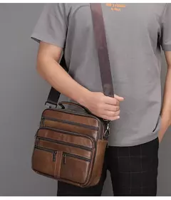 Imagem do Bolsa de ombro de couro genuíno para homens Bolsa preta de couro, saco do mensageiro do escritório do negócio, saco crossbody masculino