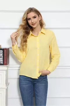 Lazer Branco Amarelo Camisas Botão Lapela Cardigan Top Lady Loose Long Sleeve Oversized Camisa Mulheres Blusas Outono Blusas Mujer
