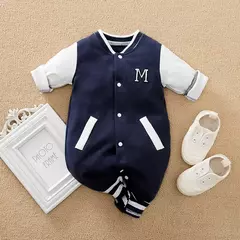 Macacão bebê manga comprida, Terno de beisebol meninos e meninas, Conjunto macio de algodão bordado carta, 0-18m, 1 pc set