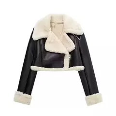 Jaqueta de shearling falso feminina, casaco de pele de carneiro, jaquetas retrô motociclista, tops, inverno - loja online