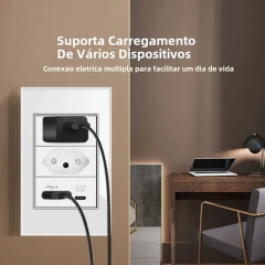 DELEFU 4*2 Vidro Temperado Branco Tomada Padrão Brasil com Dupla USB Tipo C Tomada de Parede Interruptor Inteligente Tuya Wifi 10A 20A