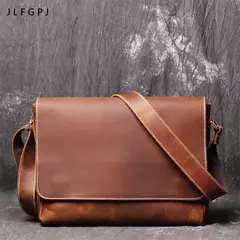 Retro masculino de couro genuíno de um ombro saco de cabeça camada de couro cruz estilo grande capacidade ocasional saco do mensageiro