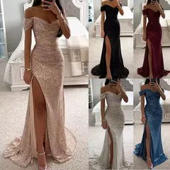 Vestido Dividido de Pescoço Uma Linha Feminino, Lantejoulas, Dividido, Versátil, Elegante, Charme, Emagrecedor, Festa, INS, Emagrecimento, S-XL Size, Novo - comprar online