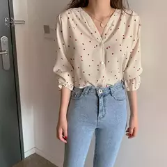 Camisa estampada amor com manga pétala, blusa com decote em v, manga comprida, moda doce, primavera e outono na internet