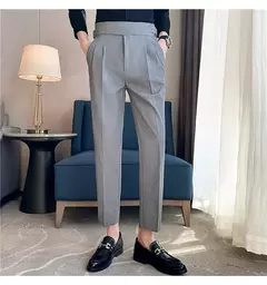 Estilo britânico dos homens de cintura alta vestido casual calça masculina cinto design calças finas formal escritório social vestido de festa de casamento terno calças - Wolf Magazine