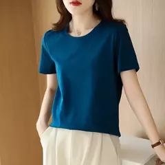 Camisetas de seda de algodão mercerizado femininas, camiseta casual simples, decote em O, manga curta, solta, reta, simples, minimalista, verão, 2023 - loja online