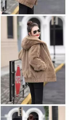 Jaqueta feminina com capuz de flanela forrada a lã, jaqueta curta solta, manga longa quente, comprimento médio, versão coreana, inverno, novo estilo - loja online
