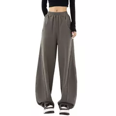 Imagem do Calça esportiva de perna larga feminina, bolsos elásticos, tubo reto, calça sanitária solta, casual, na moda, nova, S-2XL, 2024