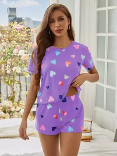 Pijamas de manga curta feminina, shorts estampados em coração, conjuntos de pijama feminino, lounge feminino, t plus size, 2 peças na internet