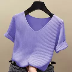 Blusa feminina de malha com decote v, camisa manga curta, tops verão 2022 - loja online