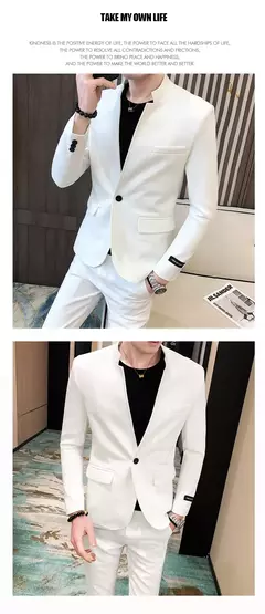 New (Blazer+ Pants) Men's Fashion Business Korean Version of Gentleman Zhongshan Stand Collar Casual British Style 2-piece Set - loja online