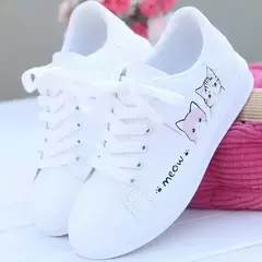 Tênis feminino com cordões, sapatos casuais, sapatos de PU estampados, gato fo na internet