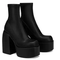 Botas modernas com saltos de plataforma para mulheres, Bota de couro redondo, Saltos volumosos com zíper, Sapatos de salto de bloco para meninas, Sapato casual - comprar online