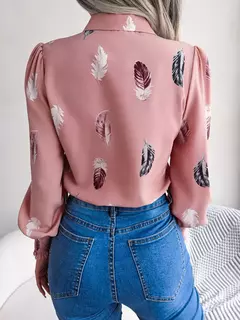 Mulheres Casual Pena Imprimir Collar Manga Longa Camisa Branco Rosa Azul na internet