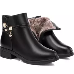 Botas de couro de strass para mulheres, sapatos de salto baixo, cabeça redonda, - Wolf Magazine