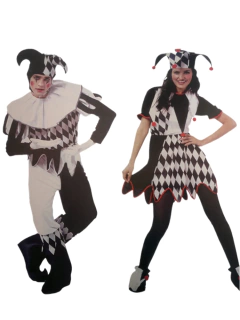 Imagem do Trajes de carnaval de halloween engraçado diversão cosplay preto e branco emenda palhaço traje com chapéu para homem mulher conjunto inovador