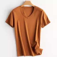Imagem do Camisetas de seda de algodão mercerizado femininas, camiseta casual simples, decote em O, manga curta, solta, reta, simples, minimalista, verão, 2023