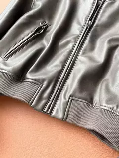 Jaqueta de couro PU feminina, casaco PU, mangas compridas, jaqueta solta, couro gradiente, gola redonda, zíper, locomotiva, curta, lavada