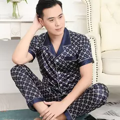Conjunto de pijama de seda fino masculino, manga comprida e calça curta, pijama, calça para dormir
