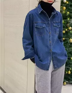 Camisa jeans azul retrô feminina, camisa de manga comprida, jaqueta jeans de peito único, camisas monocromáticas, novo design, outono, 2024 - loja online