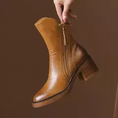 Botas de plataforma chelsea para mulheres, salto robusto, dedo do pé redondo, marrom, ankle boots, salto alto, couro, ao ar livre, novo - comprar online