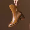 Botas de plataforma chelsea para mulheres, salto robusto, dedo do pé redondo, marrom, ankle boots, salto alto, couro, ao ar livre, novo