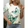 Camiseta colorida com padrão de borboleta feminina, camisetas estampadas com flores 3D, camiseta solta na moda, manga curta, tops redondos com pescoço, vívido