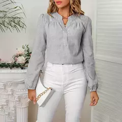 Camisa listrada multicolorida feminina, decote em v, colarinho branco, colarinho branco, moda trabalho, manga comprida, estilo viajante, novo, verão - Wolf Magazine