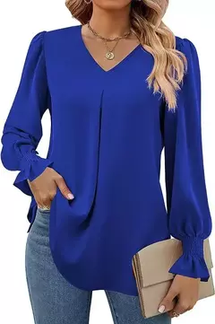Nova camisa feminina de chiffon de cor sólida com decote em v pulôver queimado manga comprida camisa superior senhora do escritório elegante cáqui blusas soltas - Wolf Magazine