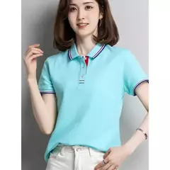 Camisa polo feminina de algodão solto, manga curta, blusa esportiva casual com lapela, camisa de negócios preto e branco, verão feminino - comprar online