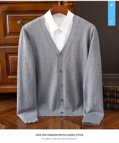 BROWON-Cardigã monocromático com decote em v masculino, suéter casual, cardigã comercial, clássico, moda coreana, roupas masculinas