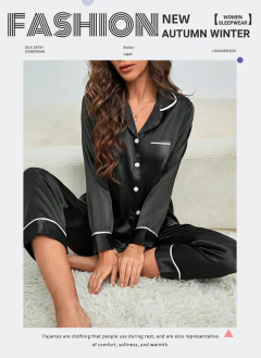 Pijama de seda gelo de mangas compridas feminino, tamanhos grandes, monocromático, casual, solto, preto, botões macios, cardigã, roupa de casa, pijamas, outono, inverno - loja online