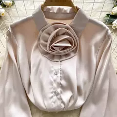 Elegante cetim tridimensional flor manga longa lapela blusa chique vintage moda colheita topo feminino camisas de outono roupas - Wolf Magazine