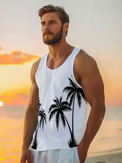 Camisola regata havaiana masculina, camiseta sem mangas, festa na praia, fitness ao ar livre, estampa 3D palmeira, verão, novo, 2022 - loja online