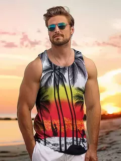 Tops soltos estilo havaiano masculino, colete de férias lazer, viagem ao ar livre, confortável, casual, estampa do sol - comprar online