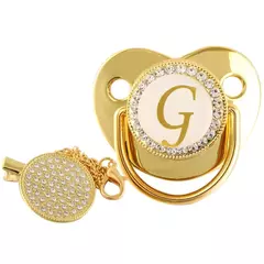 Imagem do Gemstone mordedor com corrente chupeta com tampa protetora contra poeira, bebê chupeta, 26 iniciais chupeta, perfeito presente recém-nascido, sem BPA