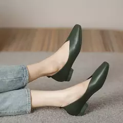 Toe quadrado Green Mary Janes, salto baixo, sola macia, sapatos retrô femininos, sapatilhas casuais fofas, francesa, elegante, verão