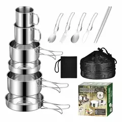 12 pçs conjunto de cozinha de acampamento de aventura panelas e frigideiras de acampamento conjunto de cozinha familiar não-tóxico 304 conjunto de utensílios de cozinha de aço inoxidável dobrável