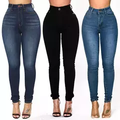Calça jeans skinny com elástico de cintura alta feminina, calça comprida lápis, envoltório reto de perna, calça casual quadris, vintage, estreita, senhora