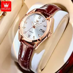 Imagem do OLEVS-Relógio quartzo com pulseira de couro clássico para mulheres, relógio diamante elegante para senhoras, encontro impermeável, moda