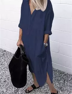 Imagem do Vestido longo de linho de algodão feminino, branco, oversize, casual, simples, cor pura, divisão, praia, verão, elegante, S-4X