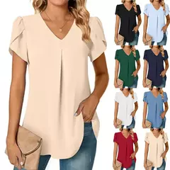 Blusa sexy com plissado e v pescoço para as mulheres, camisa de manga curta, cor sólida, solto, roupas de trabalho, verão, sze-st23015 - comprar online