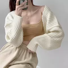Cardigã curto solto de malha feminino, suéter ultra curto, casaco de manga comprida, monocromático, top curto, sexy, outono - comprar online