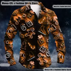 Imagem do Natal santa gingerbread motorando botão masculino camisa de lapela de manga comprida de alta qualidade, tamanho grande XS-6XL entrega rápida
