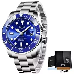 LIGE-Relógio Masculino Impermeável Esporte, Relógio Quartzo, Relógio de Data, 30ATM, Top Brand, Moda Luxo, Mergulhador